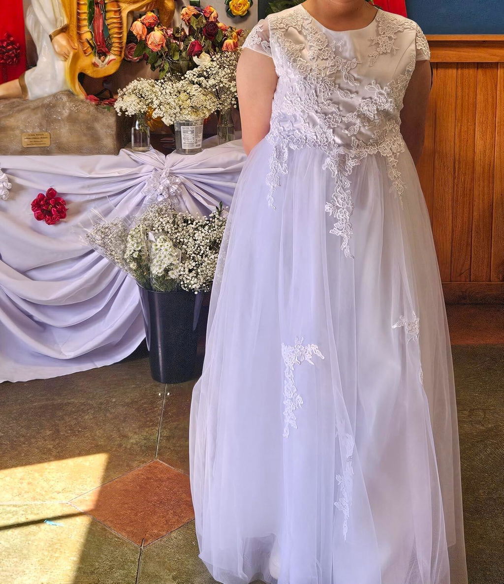 Dideyttawl Flower Girl Dress Lace Applique Cap Sleeves Princess Ball Gown
