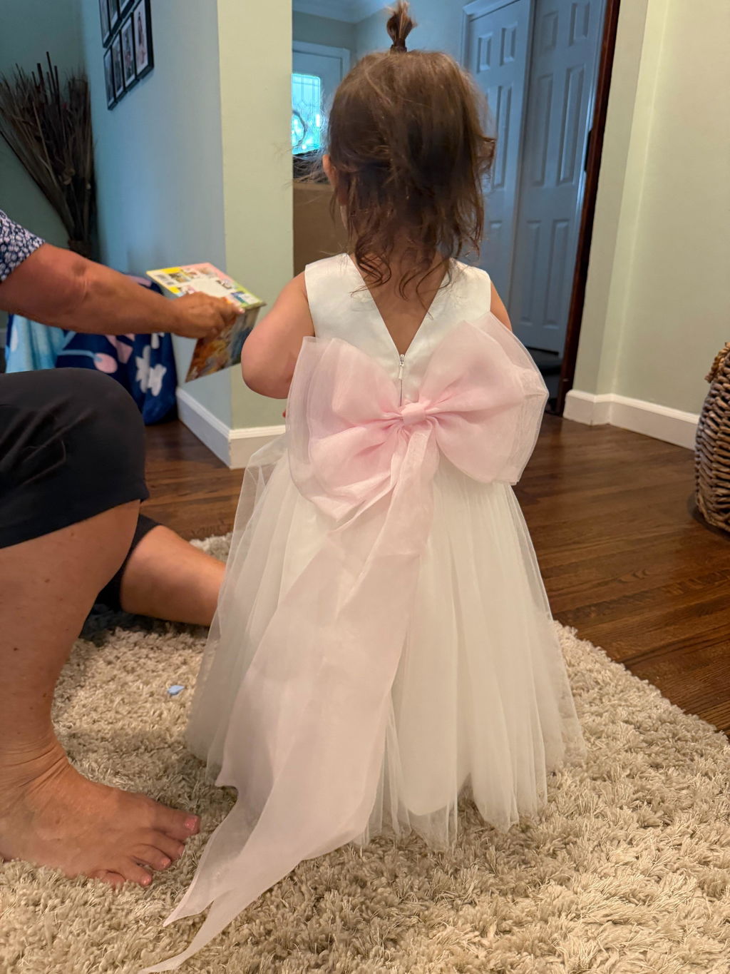 Dideyttawl Ivory Flower Girl Dress | Sleeveless Satin Tulle Gown with Light Blue Bow
