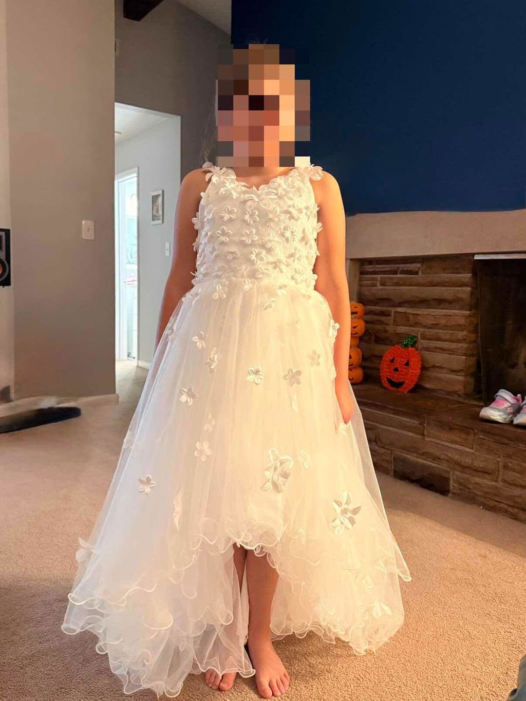 Dideyttawl White Flower Girl Dress | 3D Floral Applique High-Low Tulle Gown
