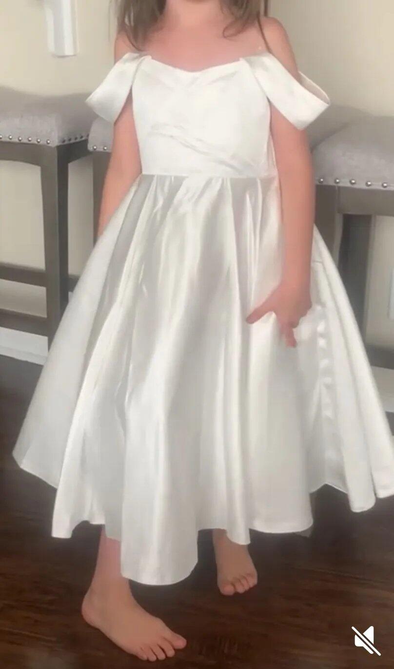 Dideyttawl White Flower Girl Dress | Off Shoulder Satin Midi A-Line Gown