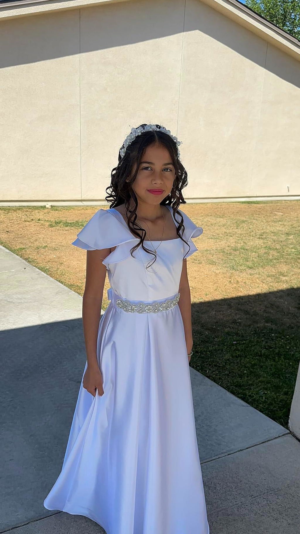 Dideyttawl Sage Green Junior Bridesmaid Satin Dress Ruffle Sleeve Ball Gown