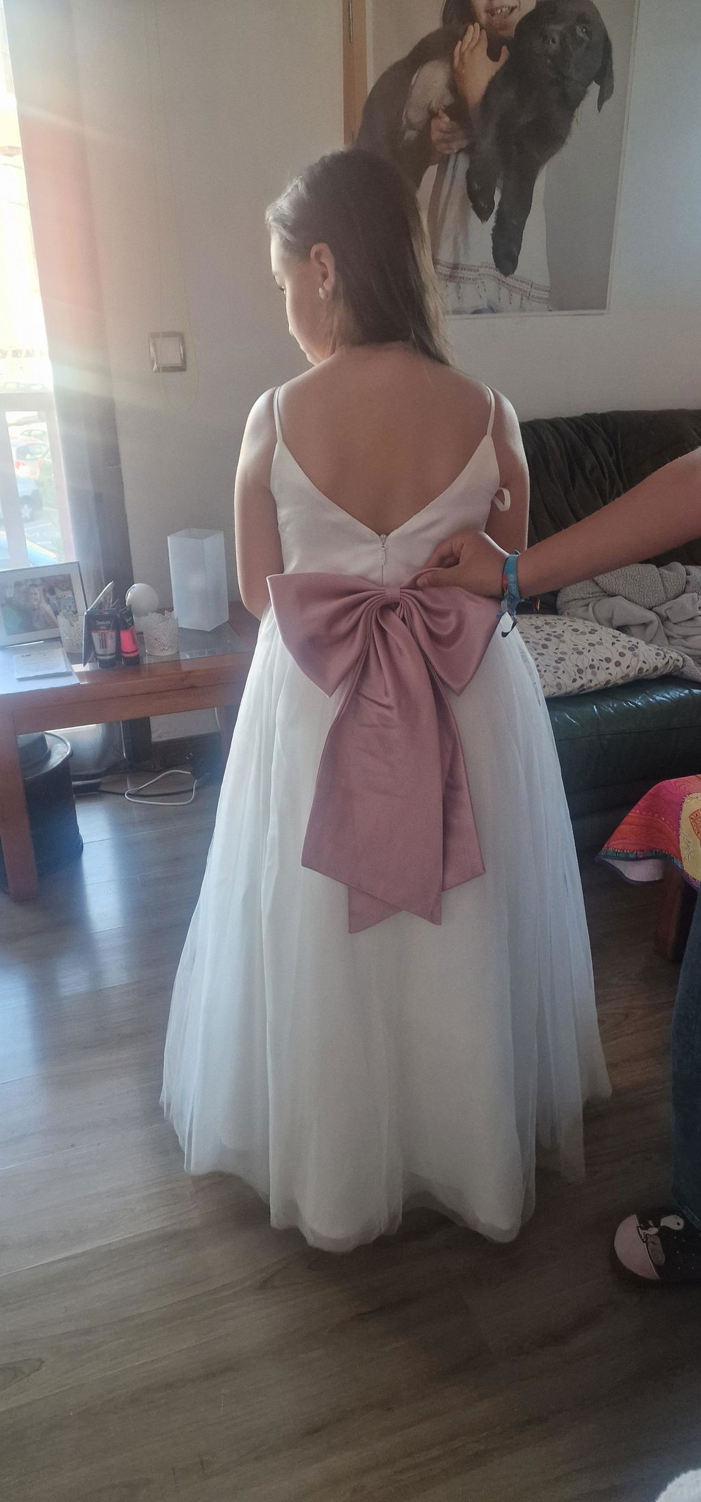 Dideyttawl White Flower Girl Dress | Spaghetti Strap Pink Sash Tulle Ball Gown