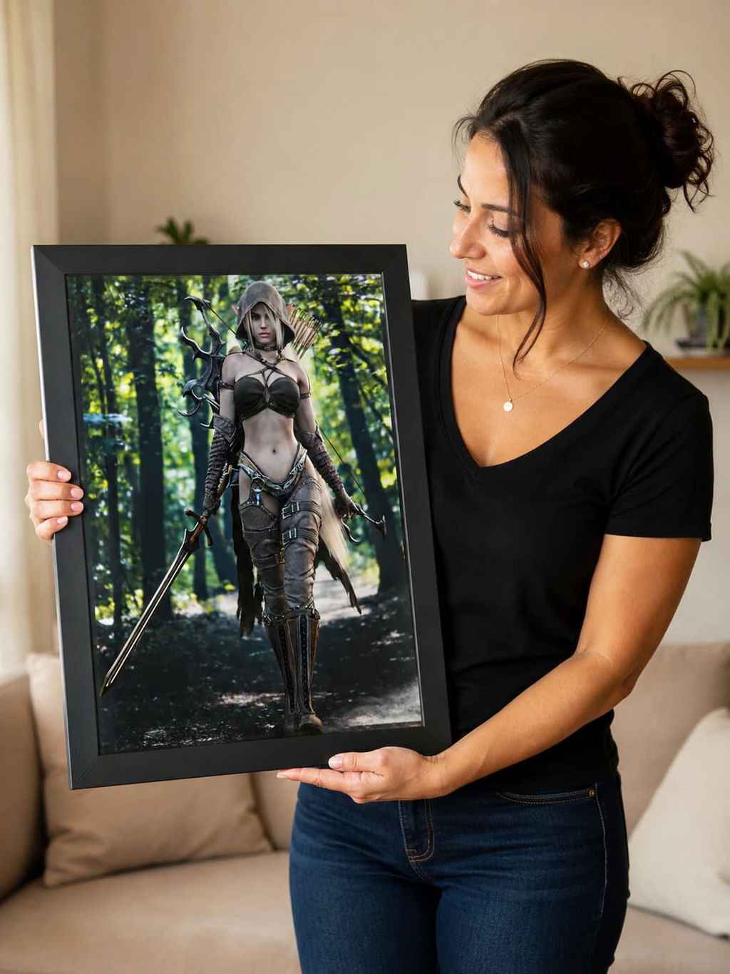 Framed Poster — Fantasy Forest Female Warrior Art Print- No AI- Human created illustration art