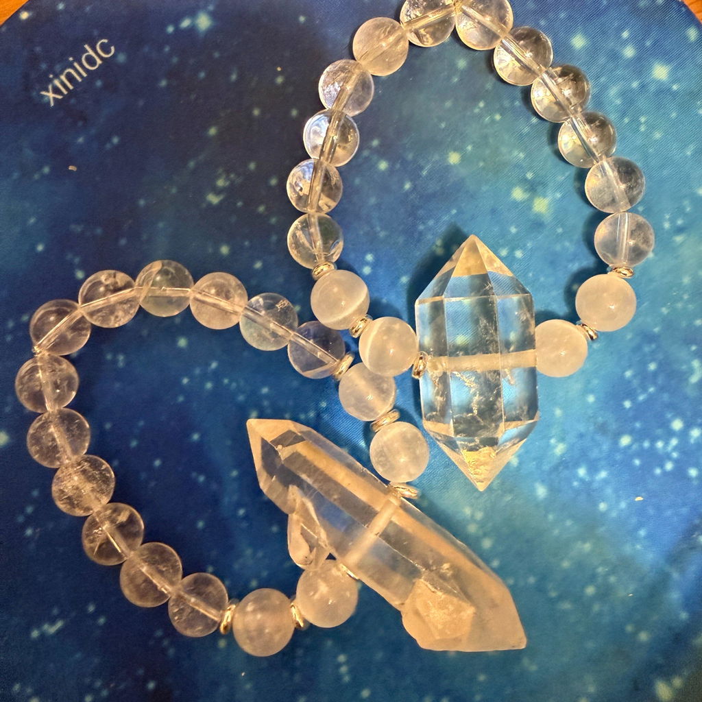 Clear Quartz & Selenite Double Pointed Crystal Bracelet