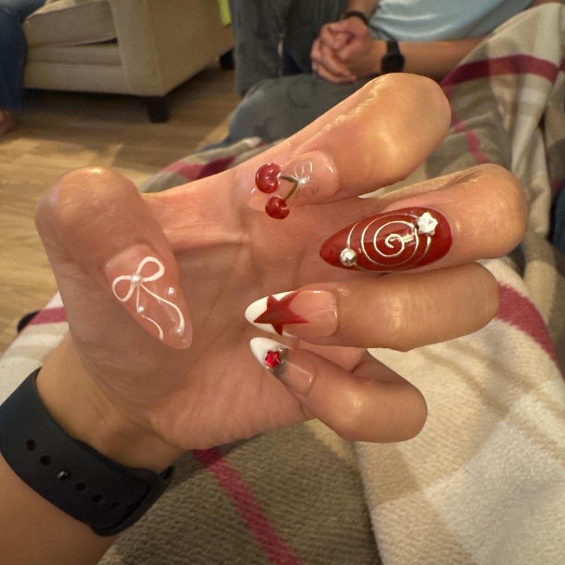 Red Cherry Blossom Nails | Cute Red & White Press On Nails | Y2K Star Style Nail Set | Summer, Holiday Nail Art | Gift | OC456AV