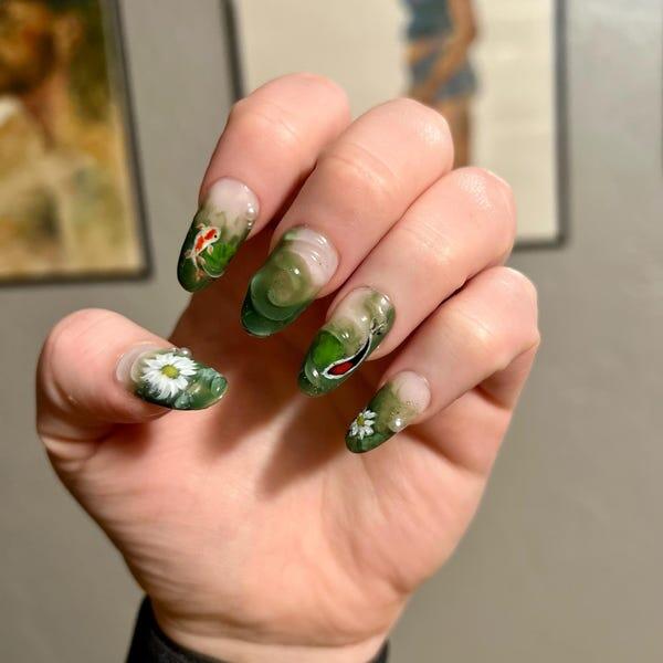 Nature Koi Fish Press On Nails | Realistic Pond & Fish Nail Design | Natural Landscape Nail Art | Custom Hand-Painted Green Nails | OB669HC