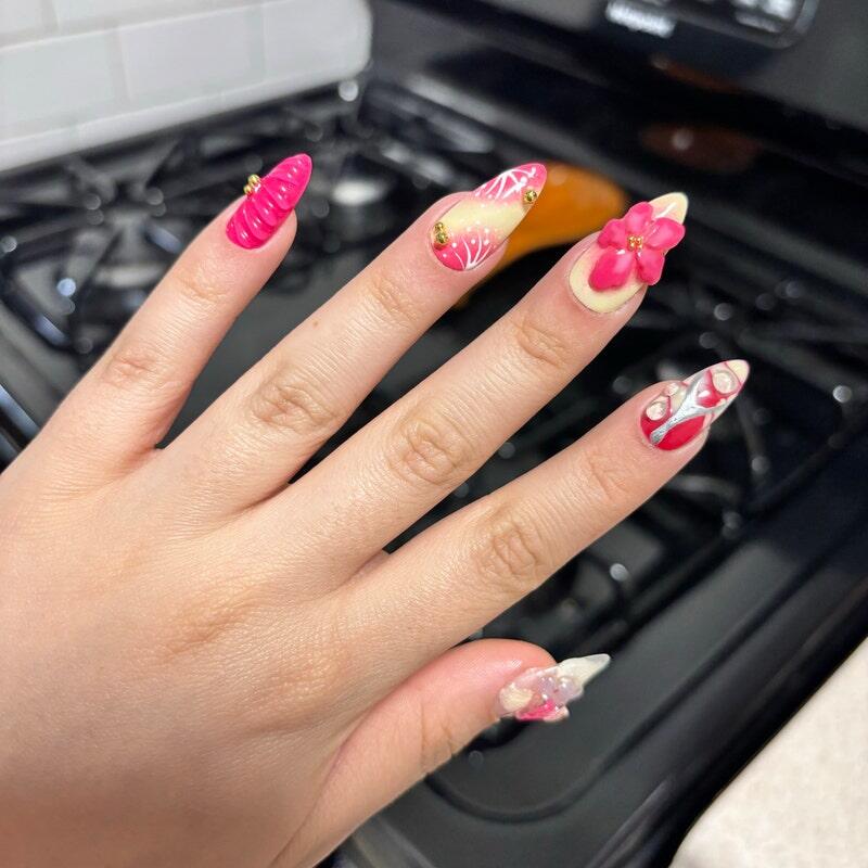 Blooming Flowers Press On Nails | 3D Chrome Flowers Acrylic Nails | Stunning Floral False Nails Press On| Spring Summer Nail Art | OB423YL