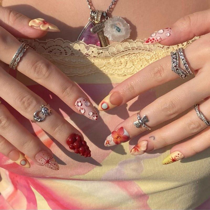 Unique Floral Press On Nails | Elegant Orchid Fake Nails | Handcrafted Flower Nail Art | 3D Floral Acrylic Nails | press ons| OB521YV
