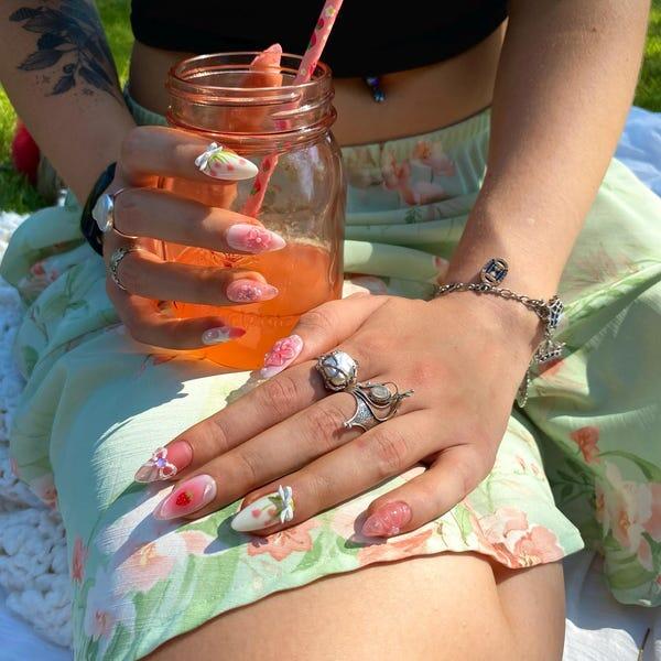 Sweet Strawberry Charm Press On Nail | Pink Bows and Flowers Nail | Floral Strawberry | Delicate Pink Floral | Y2K White Star Nail | OB433YL