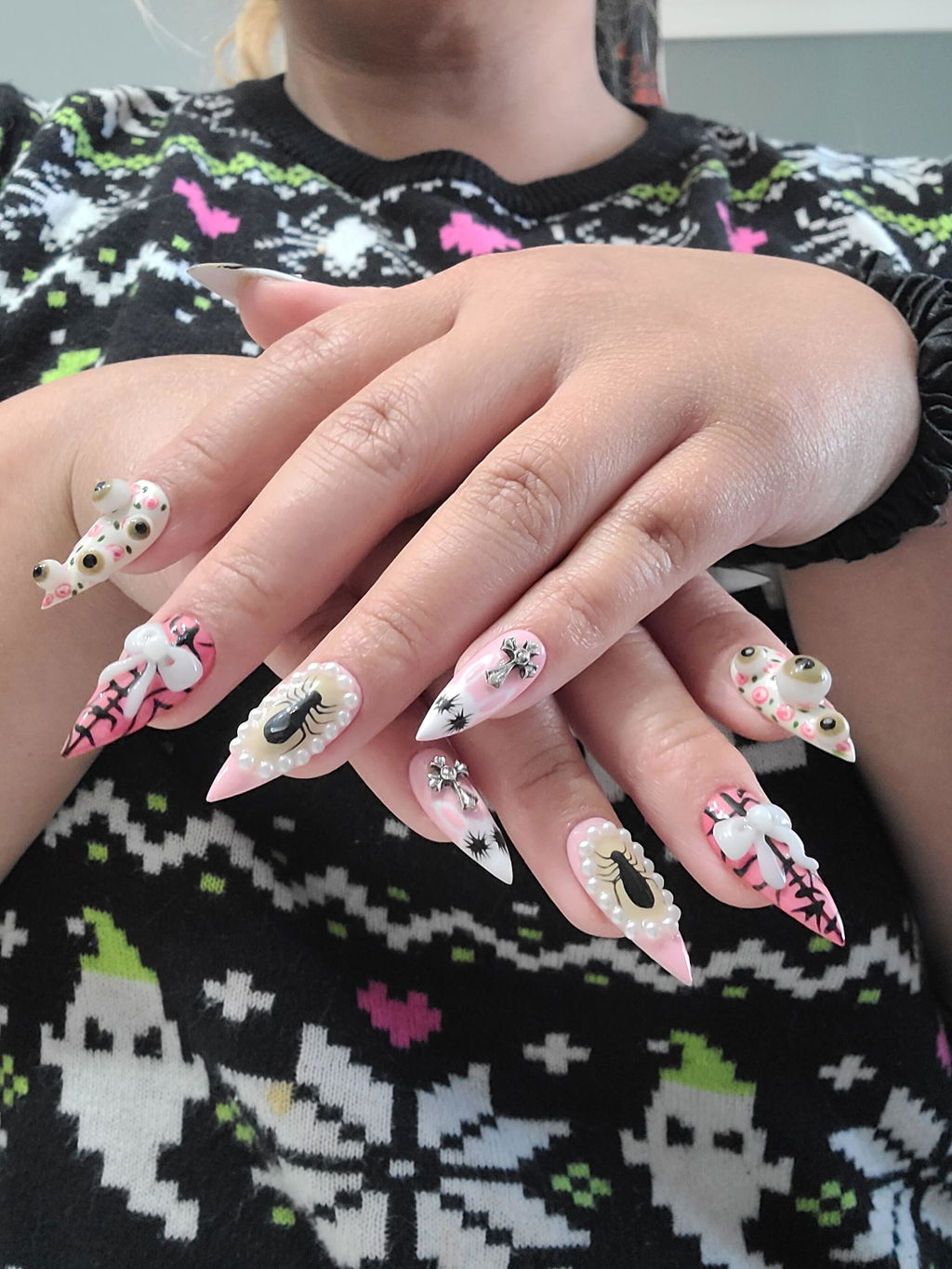 Creepy Cute Teddy Press On Nails | 3D Bear & Bow Nails | Gothic Pastel Floral Nail Art | Soft Horror Pink Press Ons | OB907HC