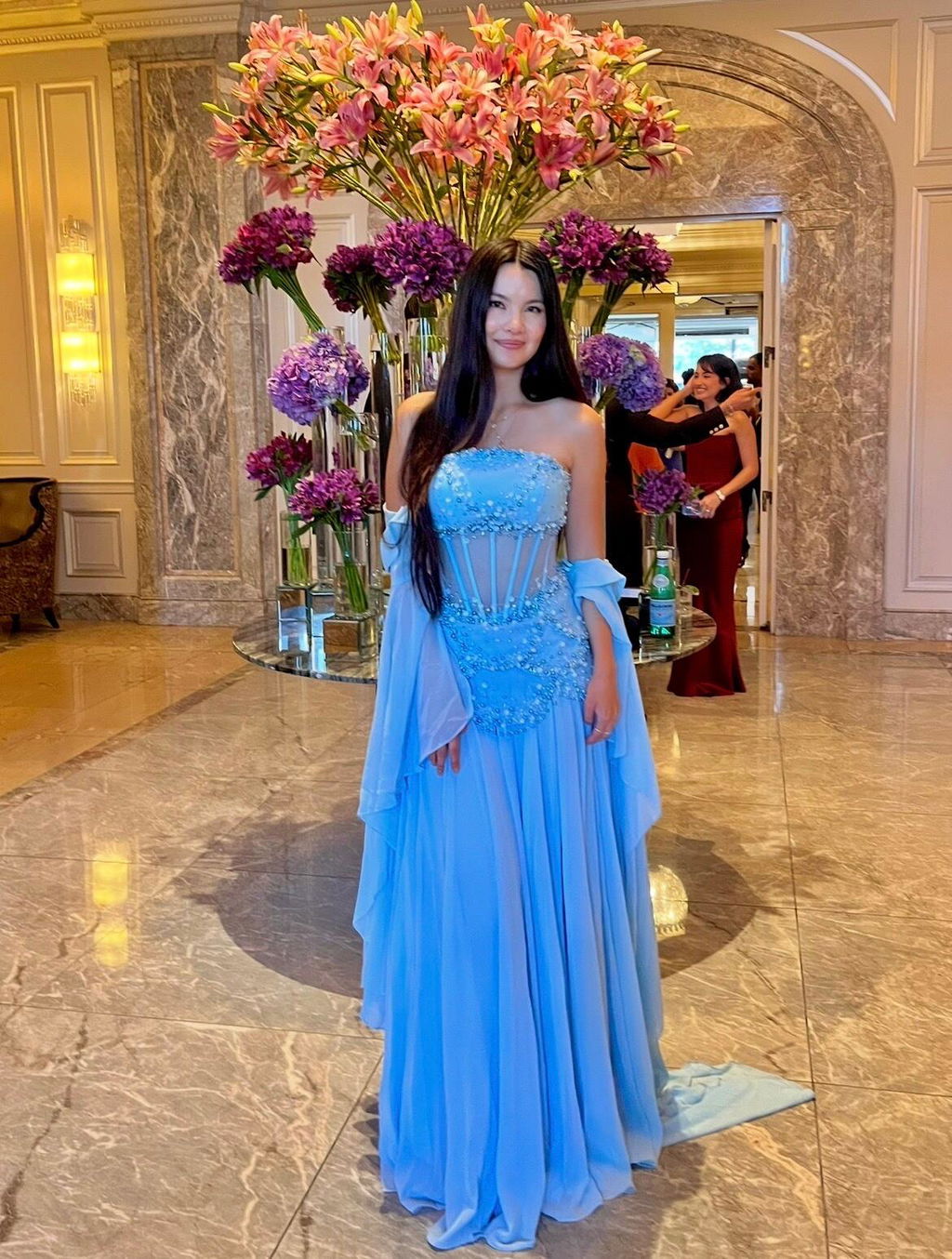 Luxury Pearls Tassel Blue Evening Dress with Flowing Coat SS286