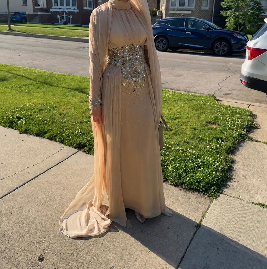 Elegant Champagne Embellished Evening Dress with Draped Cape SS533