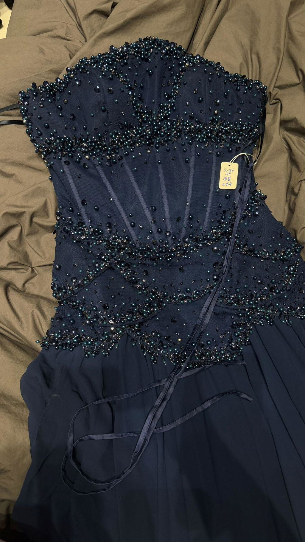 Luxury Pearls Tassel Blue Evening Dress with Flowing Coat SS286