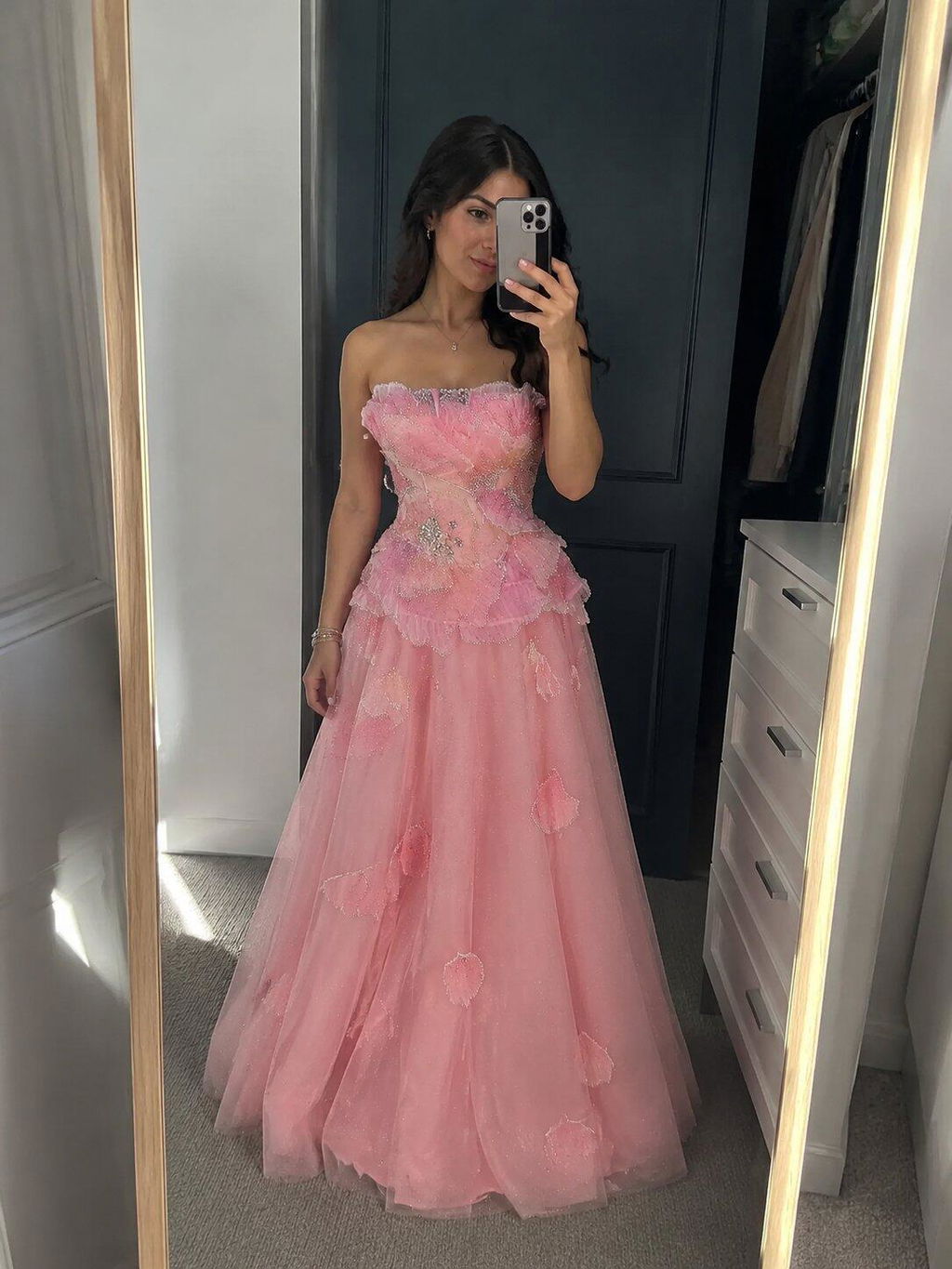 Luxury Pink 3D Floral Beaded Ball Gown Evening Dress SS749