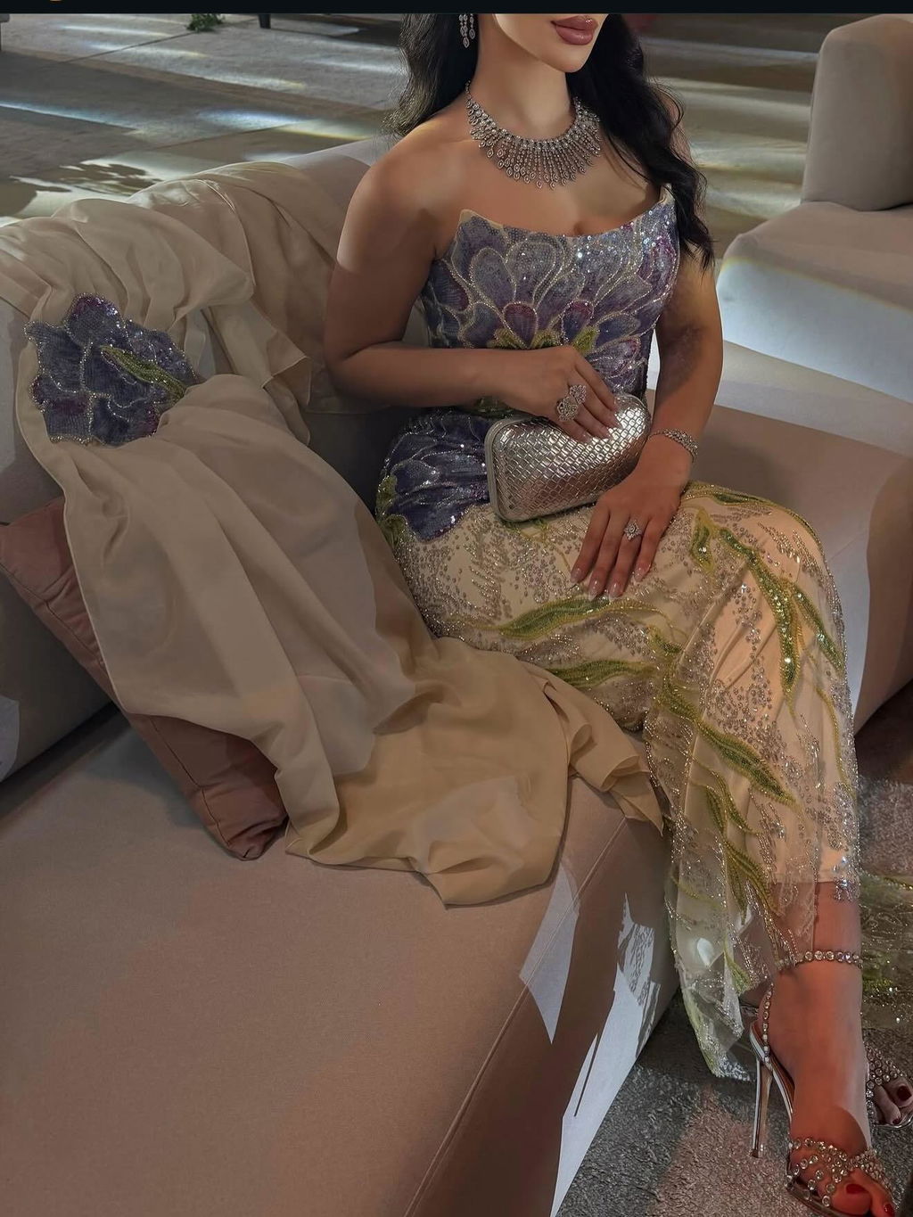 Elegant Purple Green Beaded Sequin Evening Dress with Cape SS511