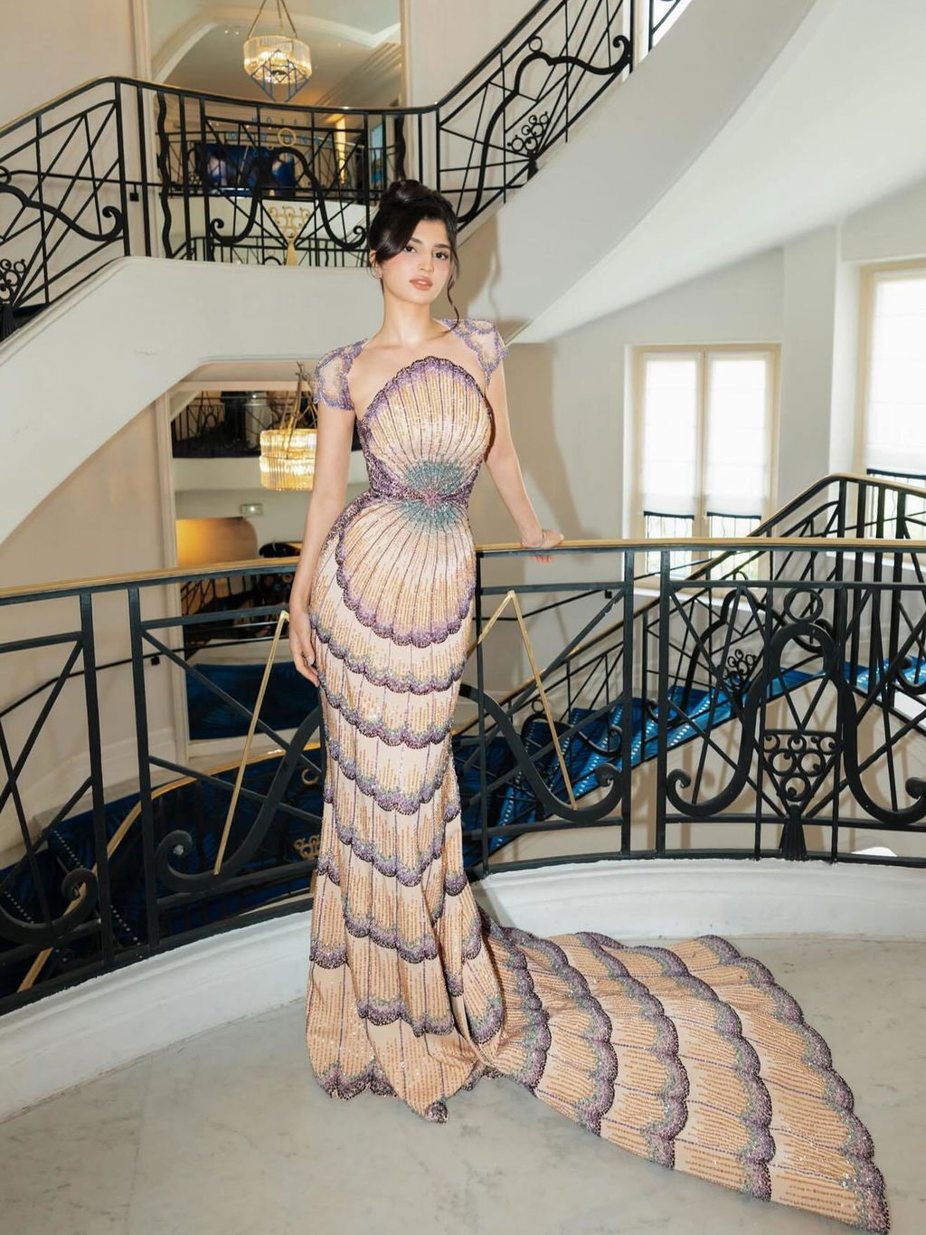 Glamorous Mixed Purple Beaded with Train Evening Dress SS656