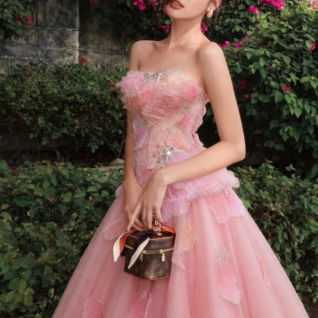 Luxury Pink 3D Floral Beaded Ball Gown Evening Dress SS749
