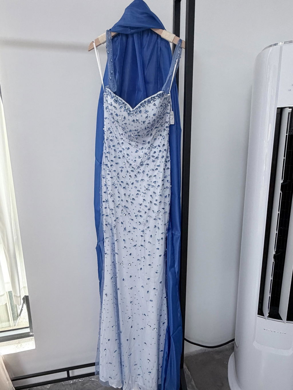 Elegant Blue Beaded Evening Dress with Spaghetti Straps SS715