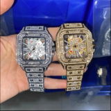 Men's Iced Out Square Dial Quartz Watch Skeleton Clock Hiphop