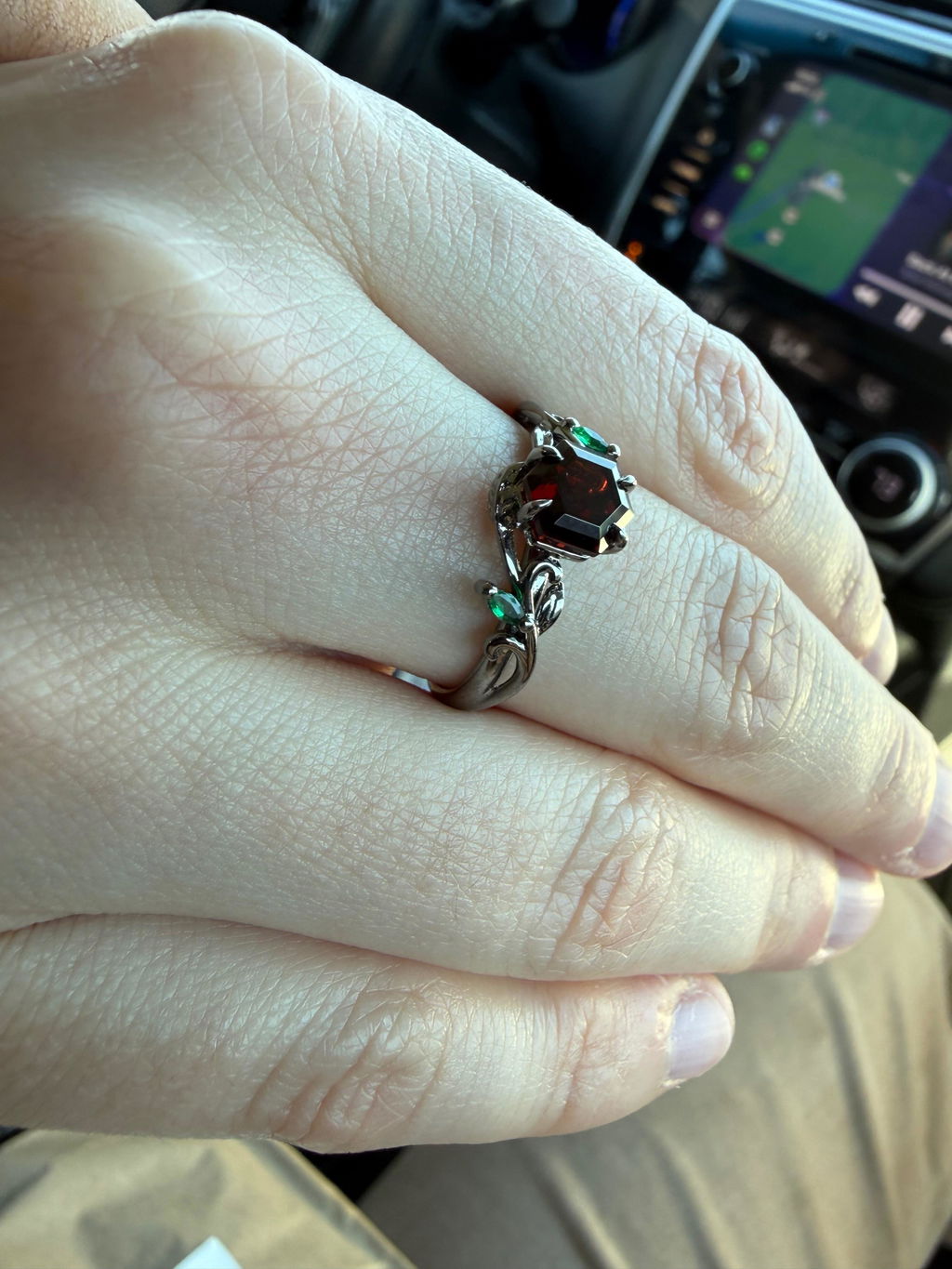 Nature-Inspired Hexagonal Garnet Ring with Twining Vine Design Emerald Inlay Women  Ring Wedding Ring