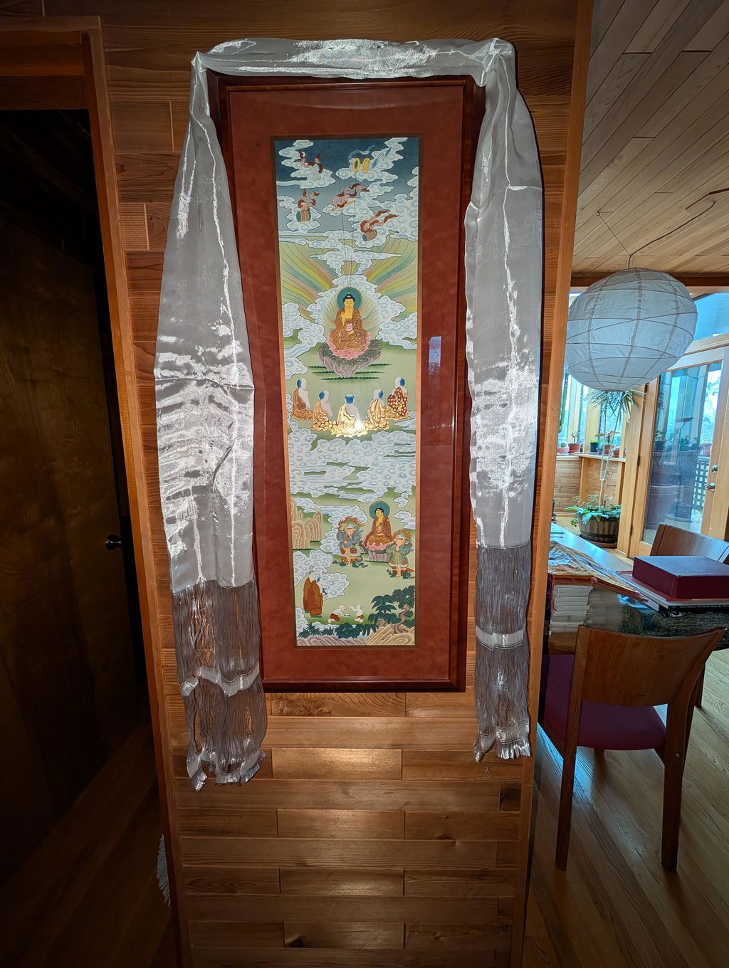 5 Colours Silk Tibetan Khata Scarf – Eight Auspicious Symbols, 300 cm × 41 cm (118” × 16”)