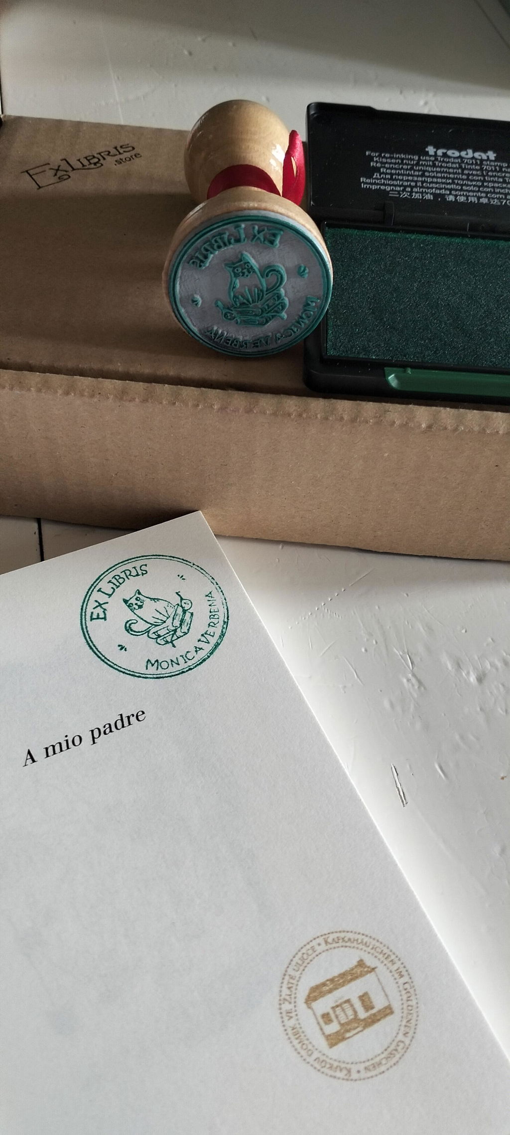 Timbro Ex Libris Gatto su Libro - d. 40 mm