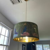 Parrots on swings, Green, Gold lined lamp shade, Drum, Pendant Lighting