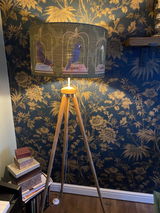 Parrots on swings, Green, Gold lined lamp shade, Drum, Pendant Lighting