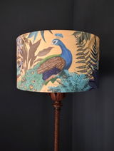 Peacock Garden, Gold, Gold lined lamp shade, Drum, Pendant Lighting