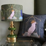 Parrots on swings, Green, Gold lined lamp shade, Drum, Pendant Lighting