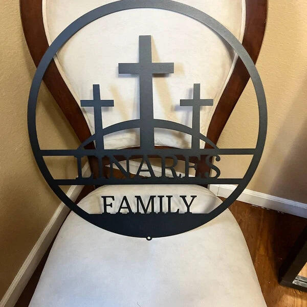 Personalized Custom Three Crosses On Hill Metal Wall Art Sign Calvary Christian Monogram Plaque Rustic Religious Church Home Decor Gift