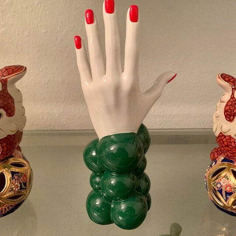 Hand of Thoughts Sculpture – Green with Red Nails | Contemporary Art