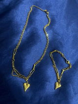 Elvie Elongated Heart Pendant Dual Chain Design Alternate Paperclip Round Link Chain Gold Bracelet