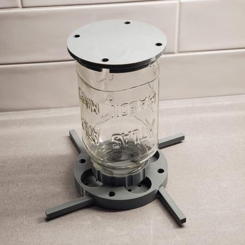 Mason jar mounted on a clean 3D printed stand in EconoFil Grey PETG