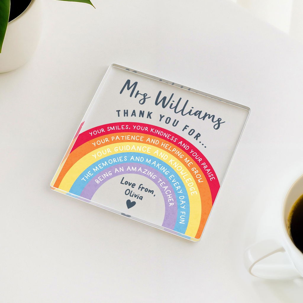 Personalised Rainbow End of Term Thank You Teacher Coaster