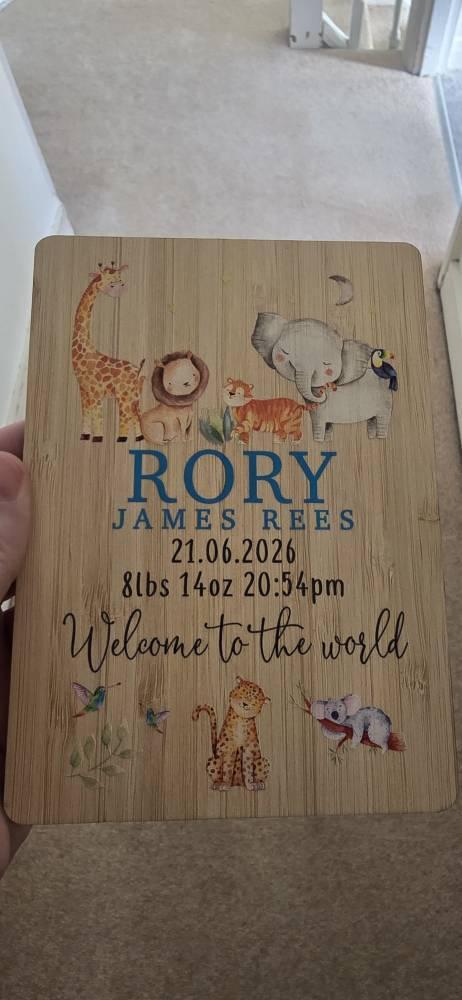 Personalised Safari Animals New Baby Keepsake Wooden Card