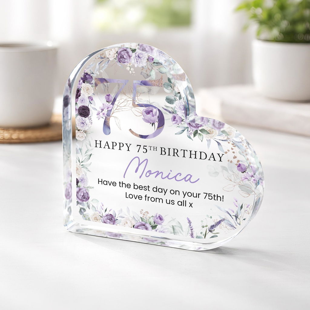 Personalised 75th Birthday Keepsake Heart Acrylic Freestanding Frame Plaque