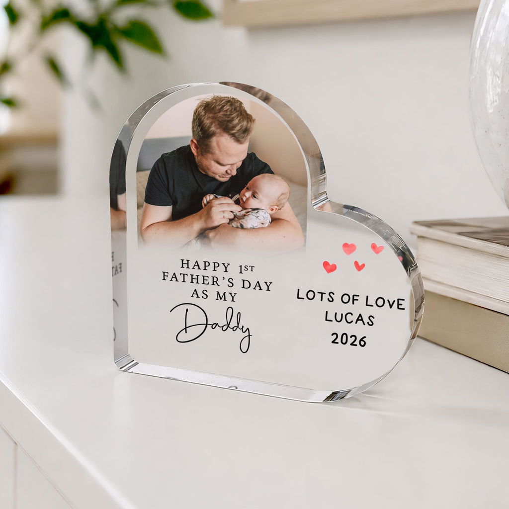 Personalised Happy 1st Father's Day Acrylic Heart Photo Frame