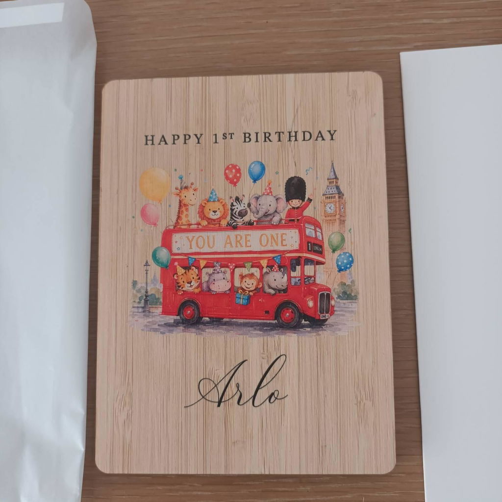 Personalised London Bus Safari Animals 1st Birthday Card Wooden Keepsake