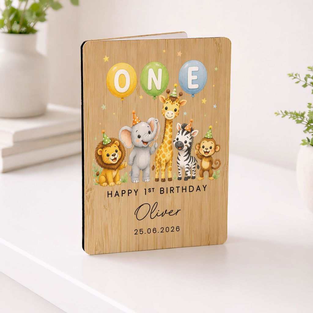 Personalised Balloon ONE 1st Birthday Jungle Safari Animals Card