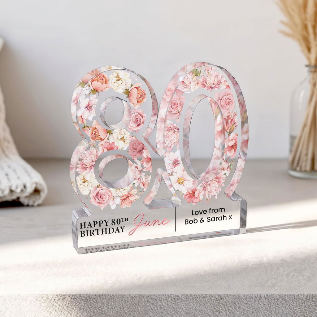 Personalised Pink Floral 80th Birthday Gift Plaque