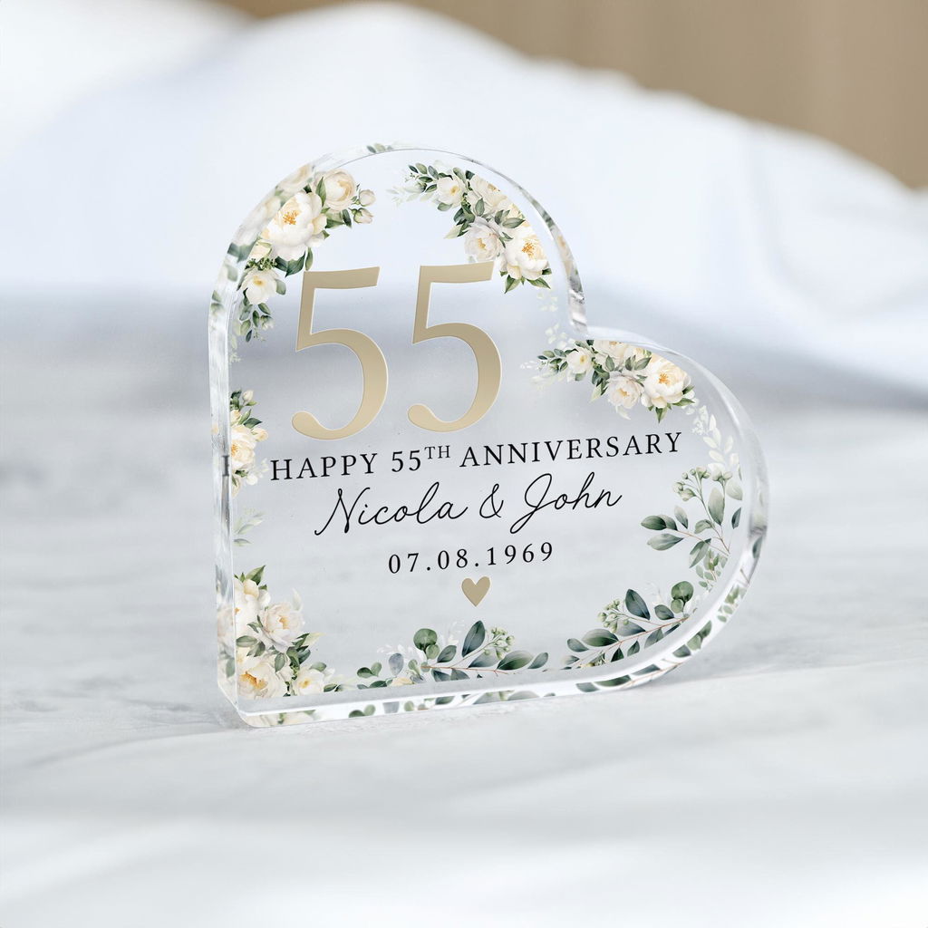 Personalised Floral Emerald 55th Anniversary Heart Plaeu