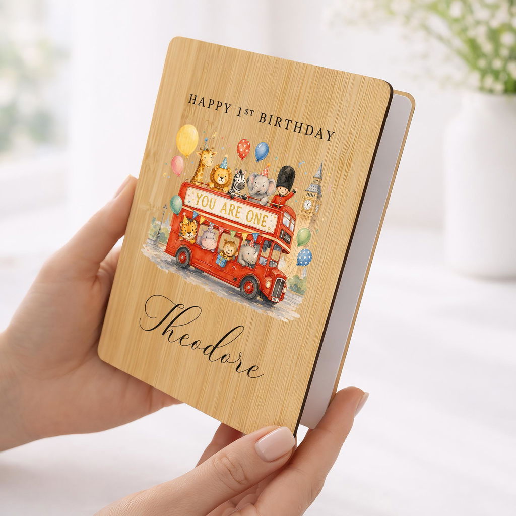 Personalised London Bus Safari Animals 1st Birthday Card Wooden Keepsake