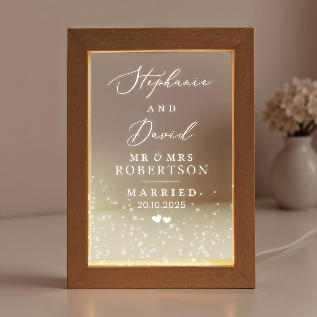 Personalised LED Wedding Table Light Frame - Couple Names and Date