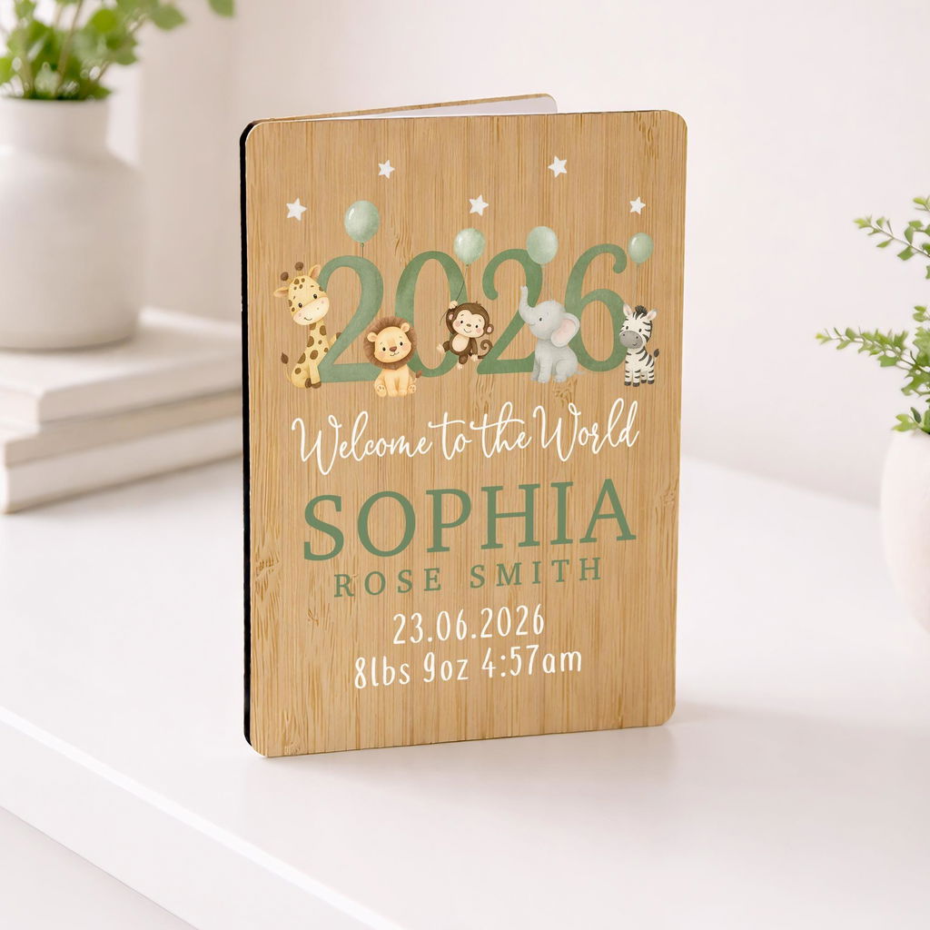 Personalised Jungle Animals New Baby Welcome to the World Wooden Keepsake Card