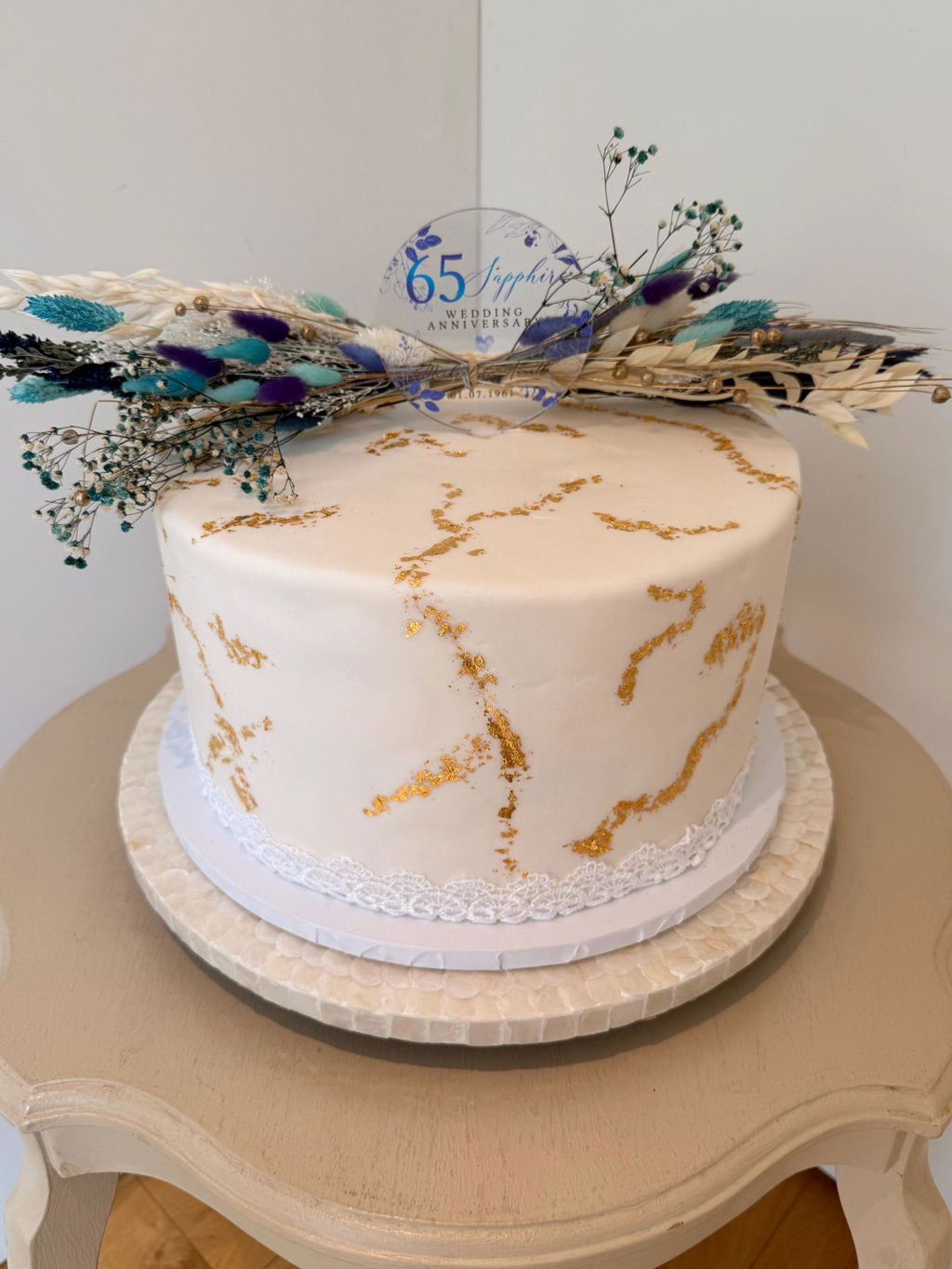 Personalised Royal Blue Floral 65th Anniversary Cake Topper - Sapphire Anniversary