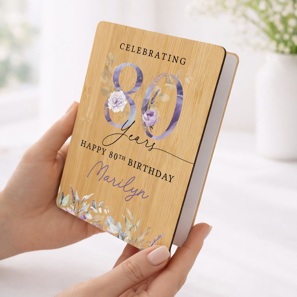 Personalised Purple Flower Lavender 80th Birthday Keepsake Card Bamboo Wood