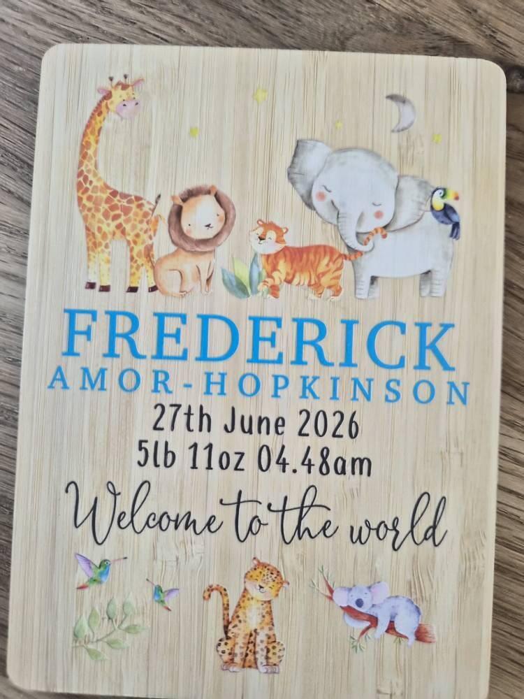 Personalised Safari Animals New Baby Keepsake Wooden Card