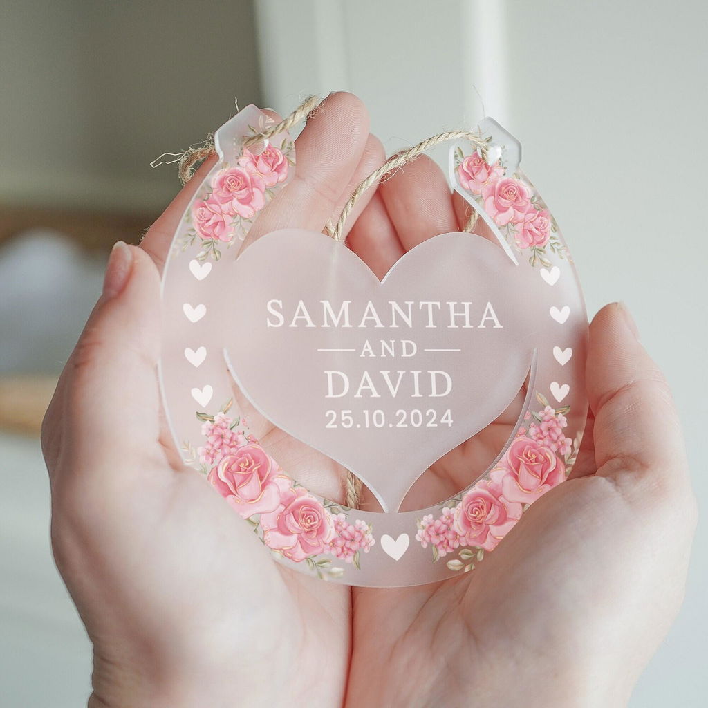 Personalised Pink Roses Lucky Horseshoe Mr & Mrs Engaged Gift