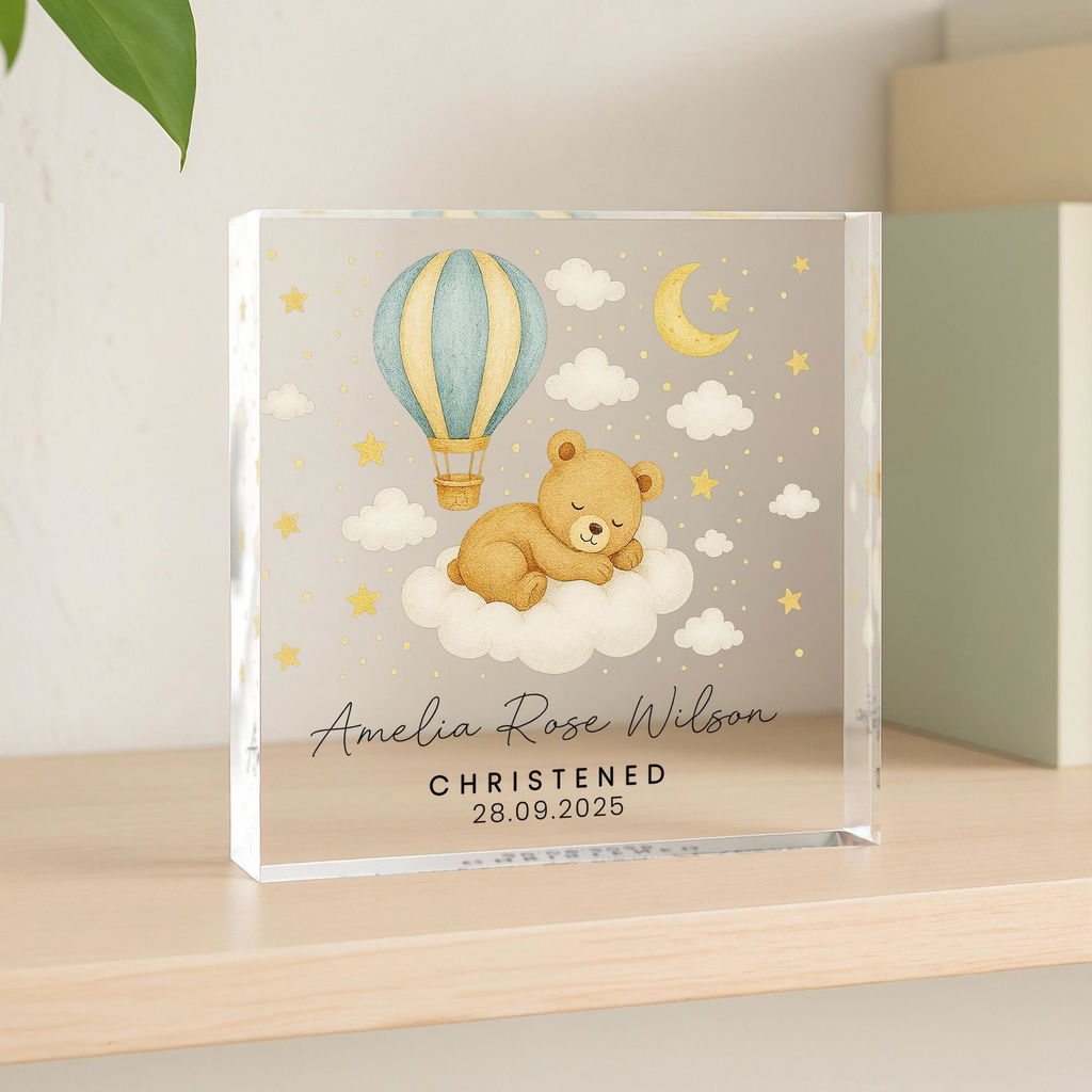 Personalised Baby Bear & Air Balloon Christening Baptism Keepsake Gift Plaque